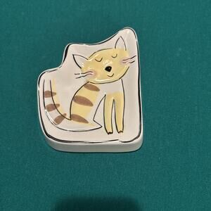 Jenny Faw Yellow Striped Kitty Cat Soap Dish Trinket Tray VTG Anthropomorphic